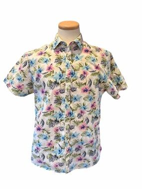 Men's Floral Short-Sleeve Button-Up Shirt - White with Blue & Pink Flowers